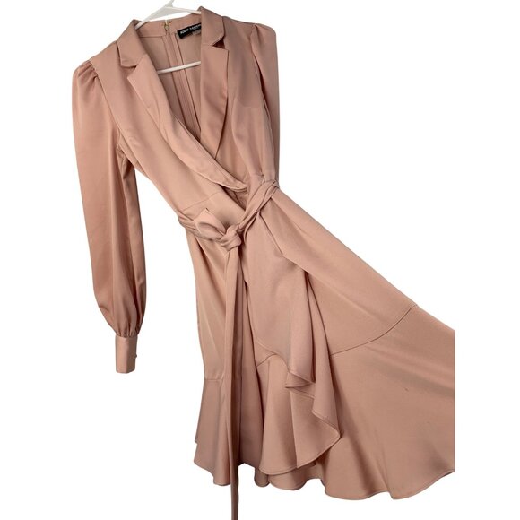 Karl Lagerfeld Paris Pink Faux Wrap Dress Surplus Neck Ruffle Hem LS Size 2 - Picture 2 of 11